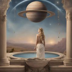 a woman standing in front of a fountain with saturn above her and the moon behind her