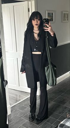 All Black Witch Outfit, Goth Outfit For Work, Midsize Corporate Goth, Gothic Corporate Work Outfits, Goth Lounge Wear, Witchy Grunge Outfits, Casual Goth Outfits Women, Cozy Goth Outfit