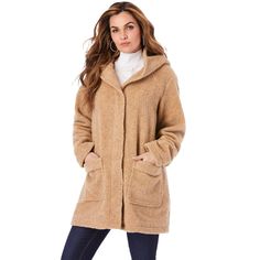 Fashion meets function in this textured fleece jacket, perfect for fall or winter. With zip and snap front closure, oversized hood with lining, and two patch front pockets. Fleece Jacket Womens, Beige Coat, Plus Size Winter, Quilted Puffer Jacket, Teddy Coat, Current Fashion Trends, Fleece Coat, Swimsuits For All, Plus Size Kleidung