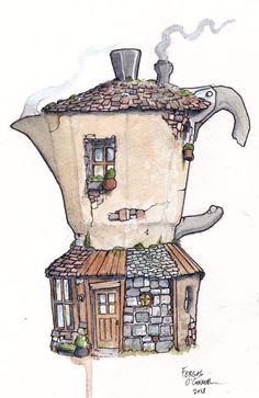 a drawing of a house made out of stone and wood with an old fashioned coffee pot on the roof