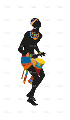 an african dancer silhouette with colorful decorations on his head and arms, holding a drum