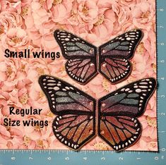 two butterflies sitting on top of each other in front of pink flowers with words that read small wings regular size wings