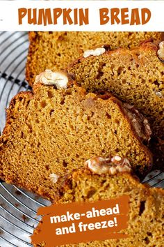 Close up slices of pumpkin bread with walnuts on a wire rack. Brown text overlay. Pumpkin Bread Without Oil, Pumpkin Walnut Bread, Pumpkin Nut Bread, Frozen Pumpkin, Moist Pumpkin Bread, Pumpkin Loaf, Baking School, Pumpkin Spice Recipe, Dry Bread