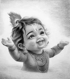 a pencil drawing of a baby girl smiling and holding her hands out to the side