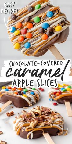 chocolate covered caramel apple slices on popsicle sticks, decorated with candy and nuts Caramel Apple Slices, Caramel Apples Recipe, Dessert Oreo, Thanksgiving Menu Ideas, Halloween Food Treats, On A Stick, Halloween Desserts, Thanksgiving Menu