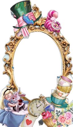 an ornate gold frame with alice and the wonderland tea party characters on it, holding a clock