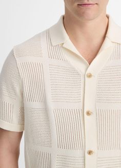 An elevated take on the classic cabana shirt, our version is compact-knit from lightweight cotton and finished with patchwork pointelle stitching throughout. Baby Clothes Sale, Knit Men, Sweater Collection, Gentleman Style, Knitted Tshirt, Oxford Shirt, Knit Fashion, Knit Shirt, Tee Dress