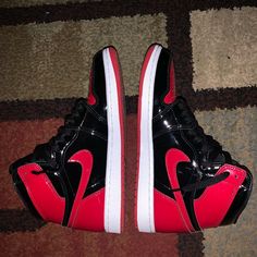 Jordan 1s Patent Bred . Worn Once Still Brand New, Has New Sneaker Smell , No Scuffs No Creasing ! Comes With Jump Man Chain , Authentication Card, Sneaker Box (Not Damaged), Red Laces (Unused) & Crease Guards Price Is Negotiable Send Offers Always Willing To Lower Price Crease Guards, Hat Jewelry, Sneakers Box, Jordan Red, Jordan 1s, Couple Goals Teenagers, Cute Nike Shoes, Cute Nikes, Swag Shoes