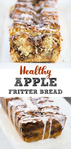 healthy apple fritter bread on a white plate with the title text above it