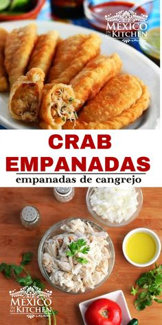 an image of crab empanadas on a plate with rice and tomatoes in the background