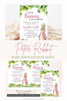 the peter rabbit baby shower party is set up in pink and green with matching items