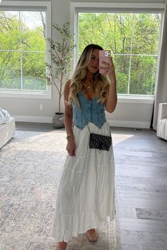 Denim Vest Country Outfit, Denim Vest Dress Outfit, Country Festival Aesthetic, Christian Concert Outfit What To Wear, County Fits, White Skirt Outfits, Curvy Casual Outfits, Western Wear Outfits, Nashville Outfits