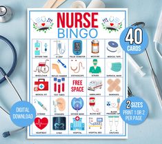 a nurse's printable poster with the words nurse bingo on it and medical supplies