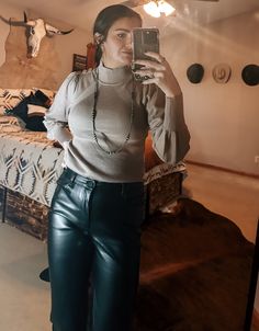 HALF MOCK NECK LONG PUFF SLEEVE BUTTON DETAIL SWEATER TOP. Very stretchy! Model 5.6” shown in in true size small. Cowgirl Leather Pants, Biker Cowgirl, Leather Pants Black, Detailed Sweater, Long Puff Sleeves, Puff Sleeve Top, Athletic Wear, Pants Black, Black Media