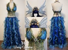 the dress is blue and has feathers on it