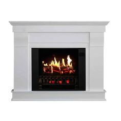 a white fireplace with flames in the front and side panels on each side, against a white background