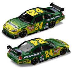 the green and yellow nascar car is shown in two different positions, one with numbers on it