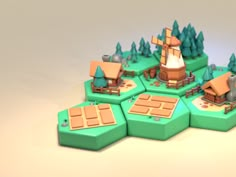 a stylized image of a small village with trees and houses on it's sides