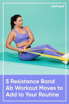 a woman sitting on the ground with her hands in her pockets while holding a resistance band