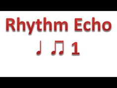 the words rhythm echo are red and white with music notes on it