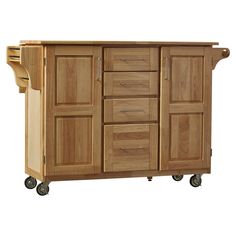 a wooden kitchen island with drawers on wheels