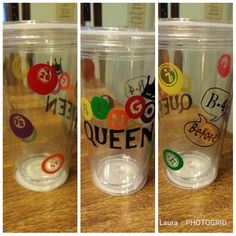 three pictures of the same cup with different stickers on it, and one has a name that says queen