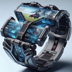 a futuristic watch with various app icons on it's display screen and wrist strap