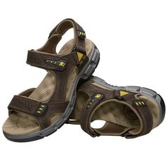 Camel Crown men's leather sandals are made of high-quality First layer leather and stretch fabric material, which is breathable and skin-friendly. The open toe leather sandals have 3 adjustable velcro straps with hook and loop closure for easy on and off. The openings toe allow for better air circulation to keep your feet comfortable.The beach shoes is heel strap adjusts quickly and fully for the perfect fit. The ergonomic arch support relieves the pressure on the soles of the feet and the disco Mens Sandals Beach, Mens Sandals Fashion, Mens Slide Sandals, Runners Shoes, Athletic Sandals, Mens Leather Sandals, Water Sandals, Beach Sports, Hiking Sandals