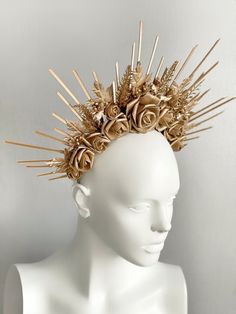 Sunburst Gold Halo Crown with gold flowers. The height of the composition is 6 inches (13 cm) The size of this headdress is universal for adult person. It sits soft and comfortable on the head and you can dance and move a long time. Shipping time of the items located in the USA stock typically takes 1-4 business days in the USA. For any questions please mail me, i'll be very happy to help you . See all of my shop: https://www.etsy.com/shops/Vetochka4U See more accessories in instagram https://ww Wedding Halo Headband, Sun Headband, Woodland Fairy Crown, Fall Crown, Woodland Crown, Girls Halo, Rose Headpiece, Flower Girl Halo, Frozen Art