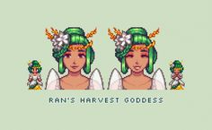 an old school video game with two women wearing green hair and flowers on their heads