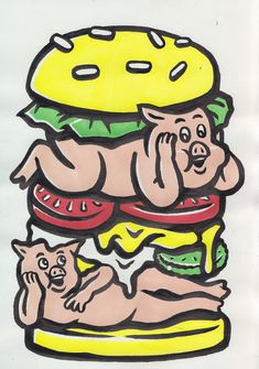 a drawing of a large hamburger in a white frame