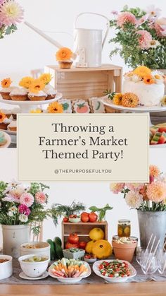 Have you ever considering throwing a farmer’s market themed party before? If not, consider this your sign to! When coming up with a theme for my daughter’s birthday party, we wanted it to feel true to us, while celebrating her big day. Enter – the farmer’s market! I love that this is an opportunity to incorporate locally grown items including baked goods, produce, flowers and decor; plus it’s a great opportunity to consider what’s in-season, therefore making it a sustainable option as well! Flower Market Party Theme, Farmers Market Birthday Party Food, Bridal Shower Farmers Market Theme, Farmers Market Wedding Shower Theme, Off The Market Theme, Shes Off The Market Bridal Shower Ideas, Farmers Market Centerpiece, Fresh Off The Market Bridal Shower Theme Food, Fresh Off The Market Bridal Shower Theme Decor