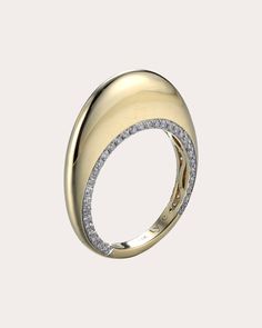 Shaped with a tapered dome band, this 14-karat gold ring adds shimmer to its polished profile with an array of round-cut white diamonds along the top and bottom edges. From Type Jewelry's Je t'Aime Collection. 14k yellow gold and diamond Diamond carat: 0.54 ctw Diamond cut: round Polish with soft cloth Made in Hong Kong Measurements Band width (at widest): 4mm Orbit Ring, Diamond Carat, Women Diamond, Fine Rings, White Diamonds, Diamond Cut, Diamond White, Gold Ring, Round Cut