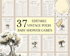 baby shower games with winnie the pooh on it and an elephant hanging from a tree