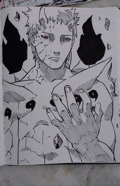 a drawing of an anime character holding his hand up in front of the viewer's face