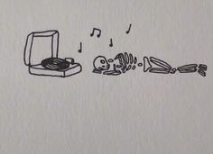 a drawing of an open box with music notes coming out of it and skeletons lying on the floor