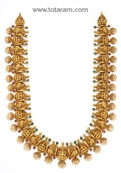 22 Karat Gold 'Lakshmi - Peacock' Long Necklace with Cz & Color Stones (Temple Jewellery)     - 235-GN4895 - in 104.700 Grams for USD $8278.29. 
Made in India by Totaram Jewelers Online this product is in Gold - 22 Karat BIS Hallmark 916 KDM Gold  & is an excellent gift for Adult - Women. Ships fully insured with secured guaranteed delivery for free with your order over $250 from New Jersey USA & comes with 30 days exchange policy. Luxury Yellow Gold Temple Necklace For Diwali, Luxury Yellow Gold Chandbali Temple Necklace, Luxury Temple Necklace Gift For Navratri, Festive Yellow Gold Temple Necklace With Peacock Design, 22k Gold Peacock Temple Necklace For Navratri, 22k Gold Temple Necklace With Peacock Design For Navratri, 22k Gold Necklace, Temple Jewelry Necklace, Gold Temple Jewellery