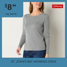 This St. John's Bay women's t-shirt will be a welcomed essential to your cold-weather wardrobe. Made from soft cotton-knit, this tee has a crew neckline and long sleeves. Stock up on different colors and pair yours with everything from skirts to jeans. Features: EssentialsClosure Type: Pullover HeadFit: Regular FitNeckline: Crew NeckSleeve Length: Long SleeveApparel Length: 24.75 InchesFiber Content: 60% Cotton, 40% PolyesterFabric Description: RibCare: Tumble Dry, Machine WashMaterial: Cotton … Large Shirts, Shirt Shop, Women Long Sleeve, Long Sleeve T Shirt, Shirts Tops, Long Sleeve Tshirt, Crew Neck, T Shirts For Women, T Shirts