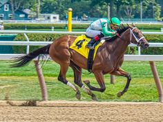 the jockey is riding his horse down the track