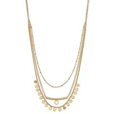 Accessorize in style with this Nine West Gold Tone Metal Disc Multi-Row Necklace. Click on this JEWELRY & WATCHES GUIDE to learn about fit, styles, materials and more! Accessorize in style with this Nine West Gold Tone Metal Disc Multi-Row Necklace. Click on this JEWELRY & WATCHES GUIDE to learn about fit, styles, materials and more! FEATURES Shortest chain length: 17 in. + 3-in. extender Longest chain length: 19 in. + 3-in. extender Clasp: lobster-claw Nickel safe Metal: alloy Plating: gold ton Long Chain, Gold Tone Metal, Chain Lengths, Chain Length, Layered Necklaces, Lobster Claw, Nine West, Womens Jewelry Necklace, The Row