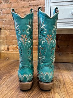 Circle G by Corral Women's Blue Embroidered & Studs Snip Toe Cowgirl B | Painted Cowgirl Western Store Bohemian Snip Toe Boots For Rodeo, Western Turquoise Boots For Fall, Fitted Turquoise Boots For Ranch, Western Turquoise Boots For Spring, Turquoise Western Boots For Spring, Western Turquoise Boots For Rodeo, Green Western Boots For Rodeo, Western Hand Tooled Boots For Festivals, Hand Tooled Western Boots For Festival