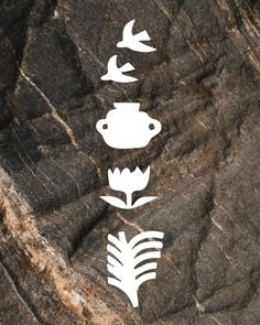 the silhouettes of plants and leaves are placed on rocks