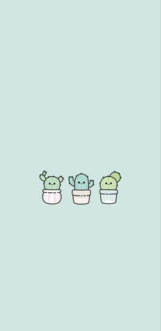 three small pots with plants in them on a light blue background, one is green and the other is pink