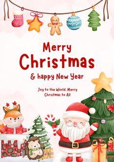 a merry christmas and happy new year card with santa claus, presents and toys on a white background