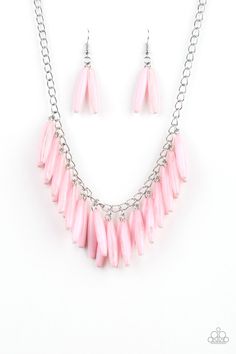 Full Of Flavor - Pink Polished and cloudy pink beads cascade from the bottom of a shimmery silver chain, creating a colorful fringe below the collar. Features an adjustable clasp closure. Sold as one individual necklace. Includes one pair of matching earrings. Pink Jewels, Fringe Necklace, Pink Necklace, Paparazzi Accessories, Pink Beads, Paparazzi Jewelry, Dream Jewelry, Silver Chain Necklace, Necklace Earring Set