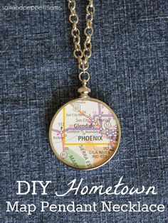 a map pendant is shown with the words diy home town map necklace on it