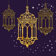 three golden hanging lanterns with stars in the background