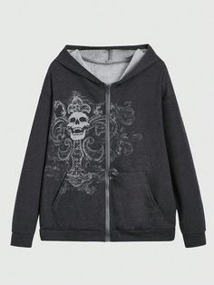 Skull Graphic Zip Up Hoodie, School Dark Grey Casual  Long Sleeve Knitted Fabric Halloween Zip Up Slight Stretch  Women Clothing, size features are:Bust: ,Length: ,Sleeve Length: Alt Hoodie, Grunge Hoodies, Grey Graphic Hoodie, Grunge Zip Up Hoodie, Skull Clothes, Grunge Jacket, Punk Skull, Skull Clothing, Baggy Clothes