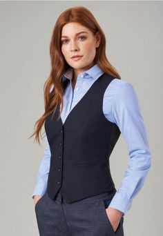 Elegant Blue Vest With Buttons, Elegant V-neck Vest For Office, Elegant Button-up Office Vest, Elegant Single Breasted Button-up Vest, Chic Blue V-neck Vest, Ladies Waistcoat, Tomboyish Outfits, Waistcoat Outfit, Work Attire Women