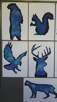 four different images of animals and their silhouettes are shown in blue, black and white